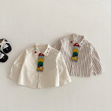 Saashi Boys Engineering Vehicle Embroidered Shirt – Casual Turn-Down Collar Top for Kids