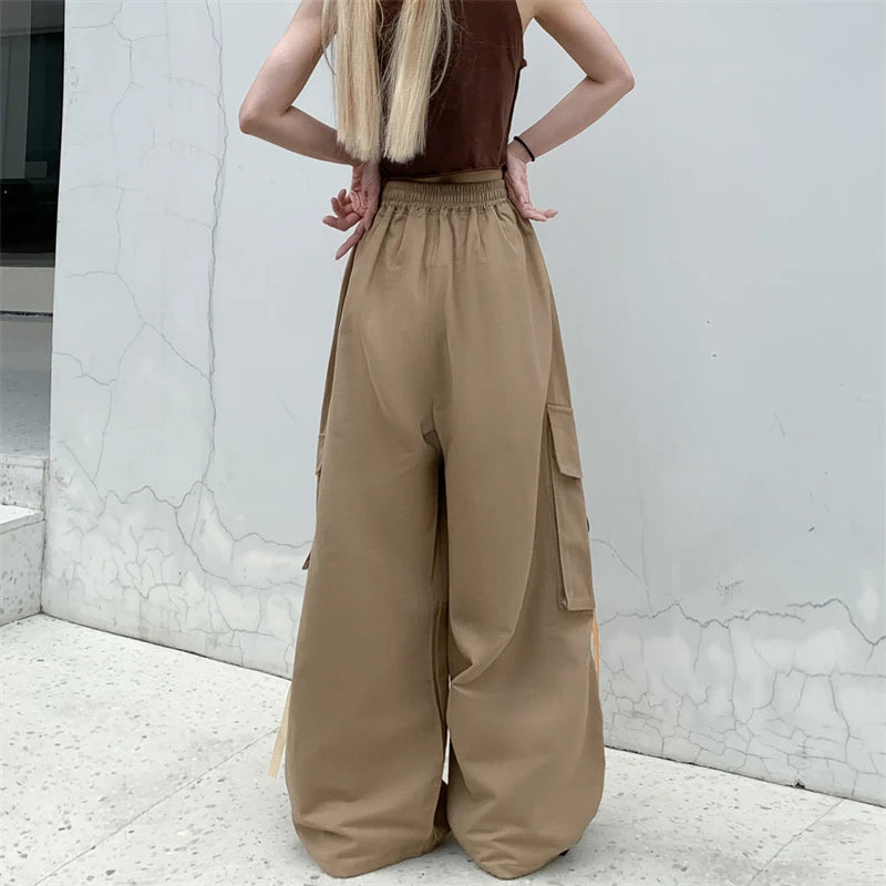 Saashi Women's Cotton High Street Cargo Pants High Waist Ribbon Wide Leg
