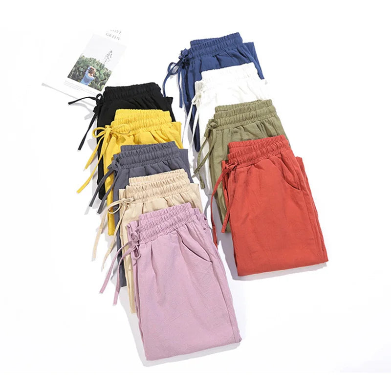 Saashi Cotton Linen Harem Pants for Women Elastic Waist Casual Solid Color Trousers