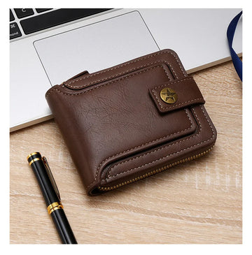 Saashi Men's Vintage Short Horizontal Zipper Tri-fold PU Leather Card Case Wallet.
