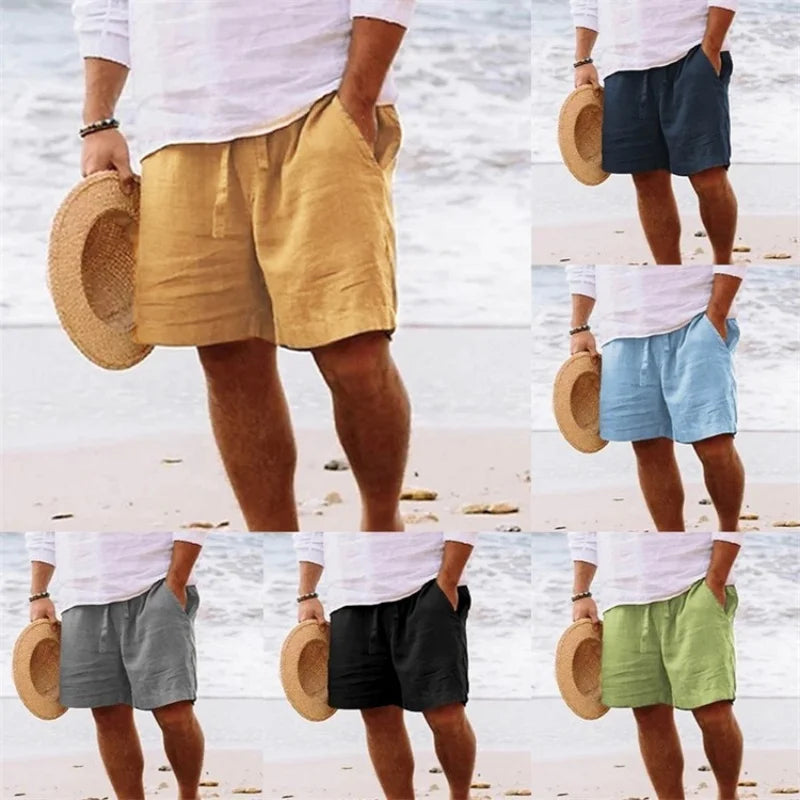 Saashi 2025 New Summer Men's Cotton Linen Breathable Shorts Hawaii Beach Pants.