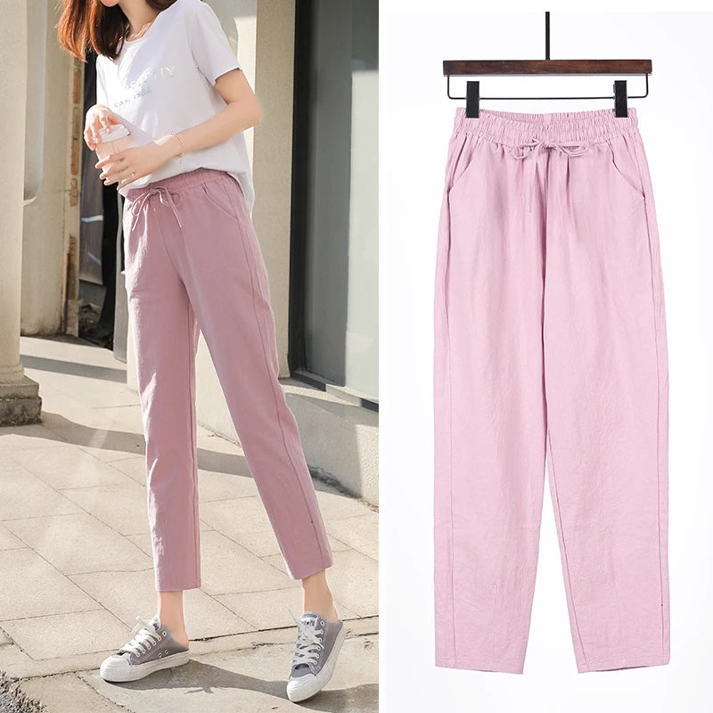 Saashi Cotton Linen Harem Pants for Women Elastic Waist Casual Solid Color Trousers