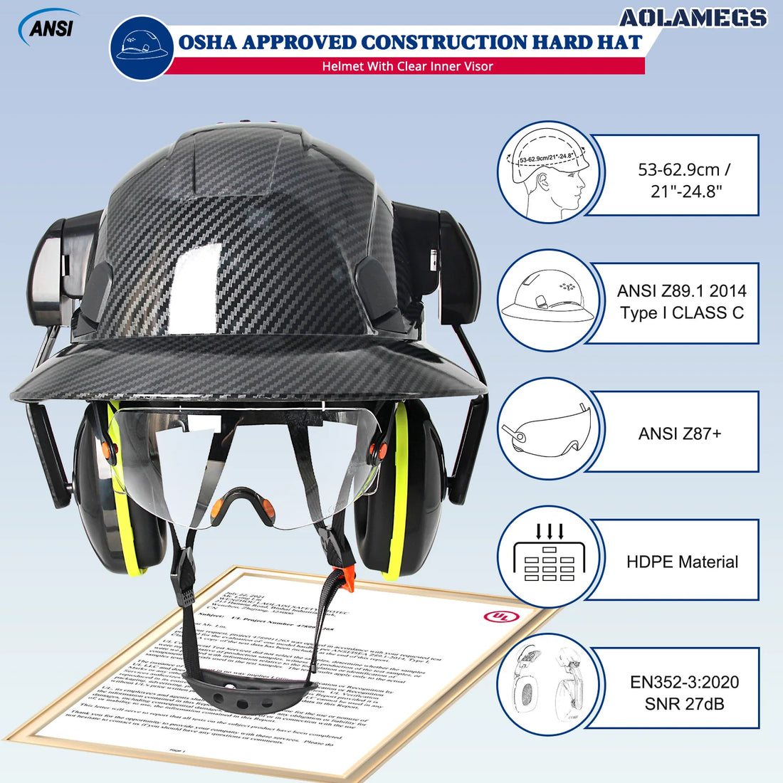 Saashi Labor Day Full-Brim Safety Helmet – Built-In Goggles & Earmuffs for Construction and Outdoor Work