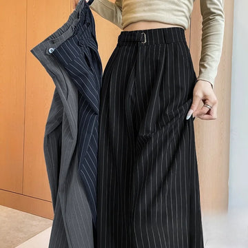 Saashi Women's Autumn Vintage Striped Loose High Waist Straight Office Full Length Trousers.