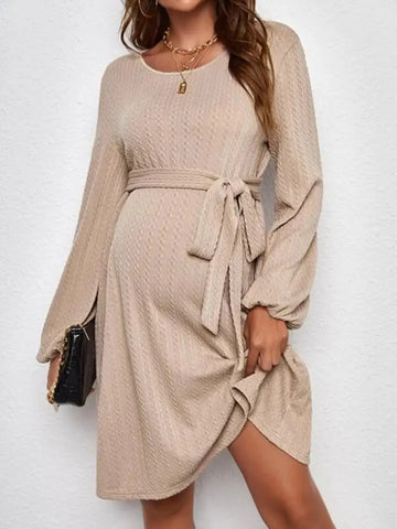 Saashi Jacquard Knit Puffy Sleeve Maternity Dress - With Belt, Fall/Winter