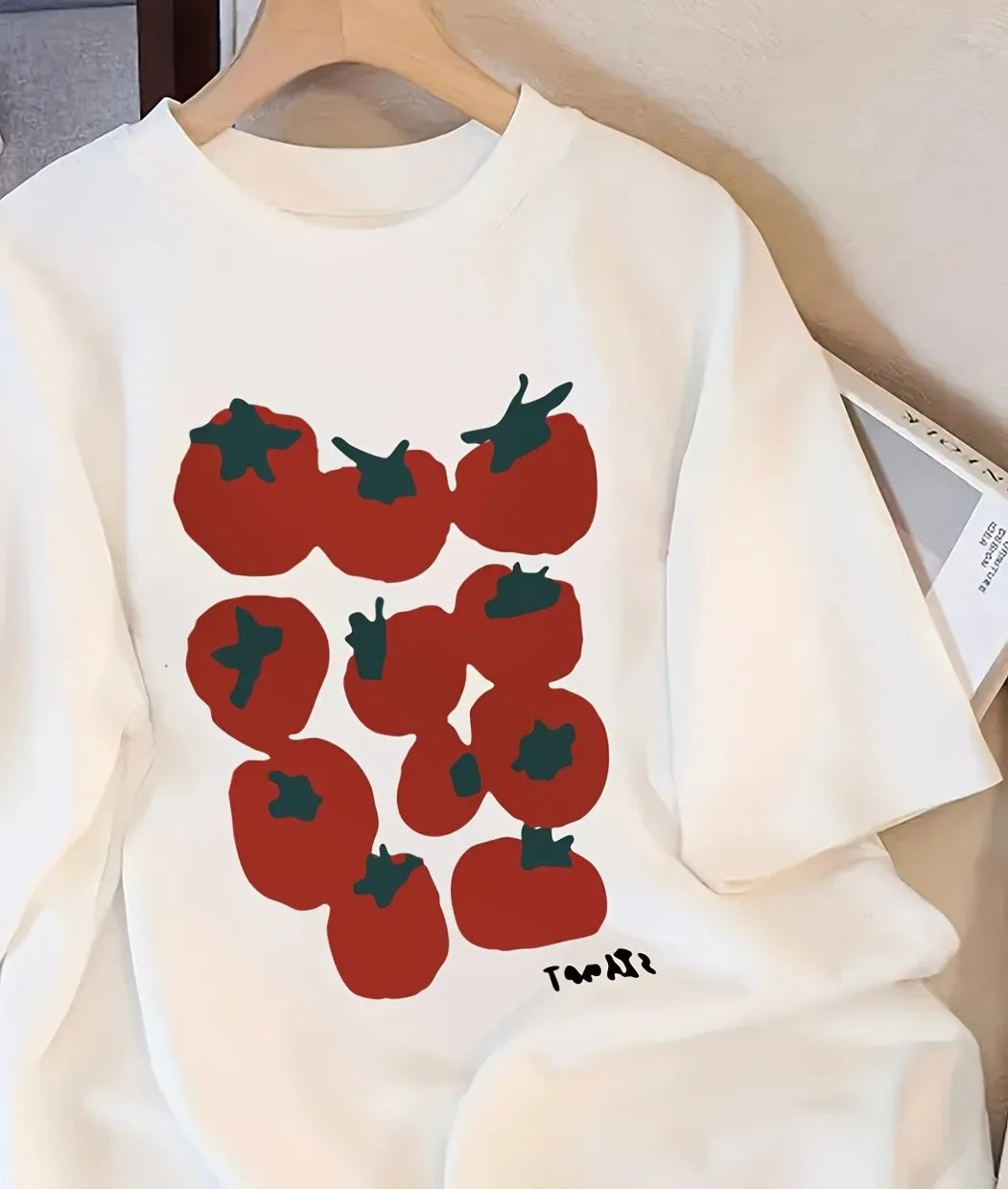 Saashi Cute Tomato Print T Shirt for Women Short Sleeve Kawaii Fruit Graphic Summer Tee Gift
