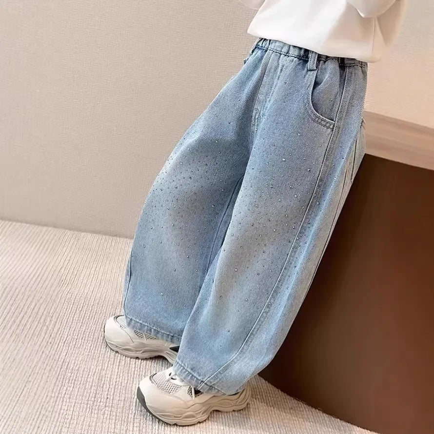 Saashi Girls Loose-Fit Embellished Denim Jeans – Trendy Casual Shiny Pants for Kids