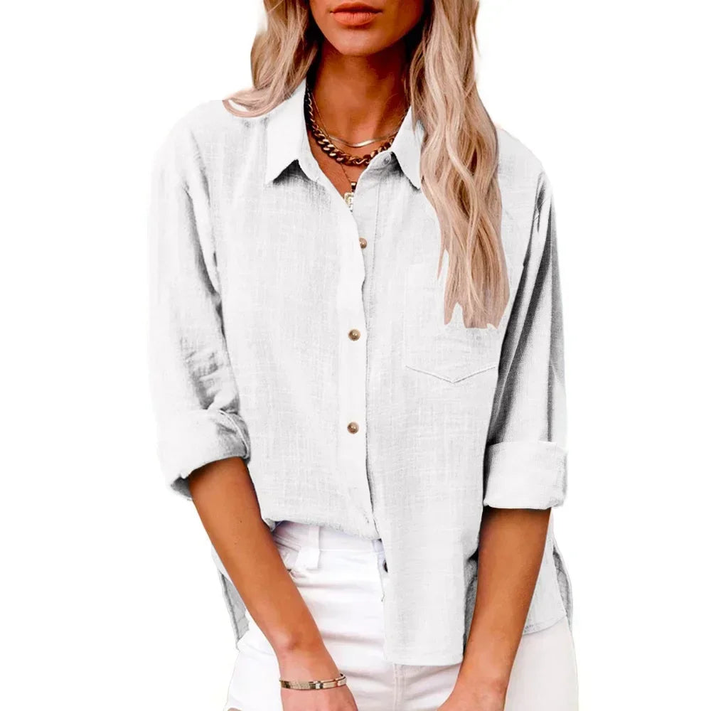 Saashi Cotton Linen Long Sleeve Shirt for Women Solid Color Casual Elegant Streetwear Top