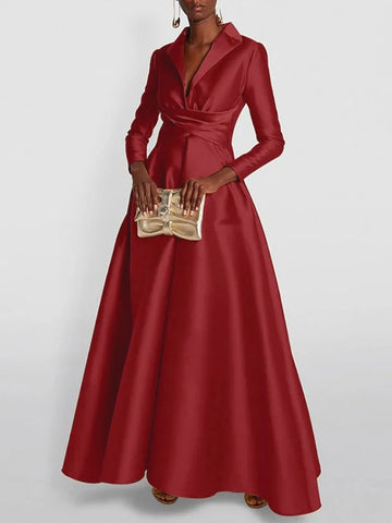 Saashi Women's Elegant Solid Color Long Sleeves V-Neck High Waist Maxi Dress.