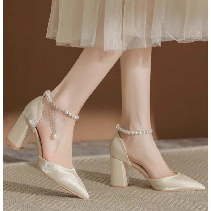 Saashi 2025 Elegant Pearl-Embellished Satin Heels 5cm Chunky Low Heel Bridal Ankle Strap