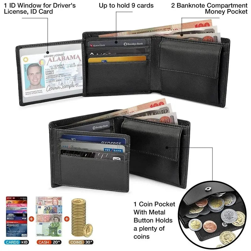 Saashi Men's RFID Blocking Genuine Leather Slim Wallet Coin Pocket 10 Holders.