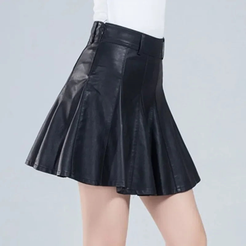 Saashi Women's Elegant Plus Size Korean Style High Waist Genuine Real Leather Mini Skirt