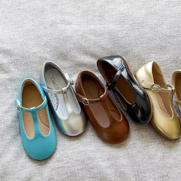 Saashi Girls Solid Color PU Leather Flats – Anti-Slip Silver & Black Casual Shoes