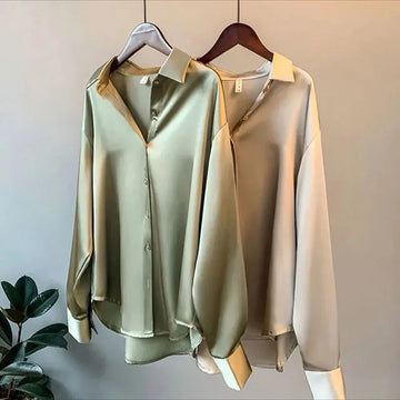 Saashi Women's Autumn Vintage Satin Blouse Long Sleeve Button Down Silky Shirt.