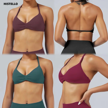 Saashi Solid Color Strappy Impact Sports Bra Seamless Yoga Fitness Halter Top for Running Gym