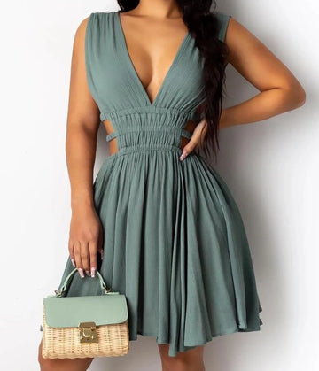 Saashi V-Neck Sleeveless High Waist Bodycon Mini Dress, Commuter Party Style