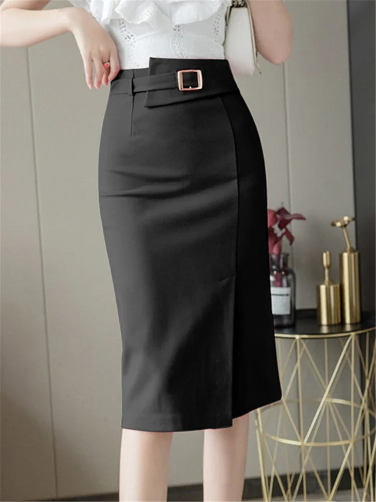 Saashi Women's Spring Summer Wrap Midi High Waist Front Split Pencil Skirt