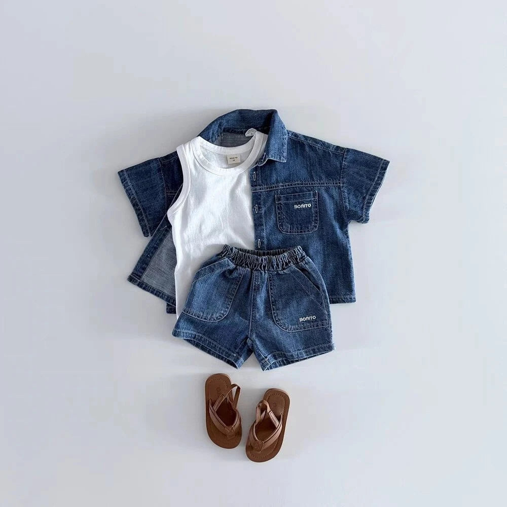Saashi Baby Boys Denim Shirt & Shorts Set – Cute Korean Style Summer Outfit for Toddlers