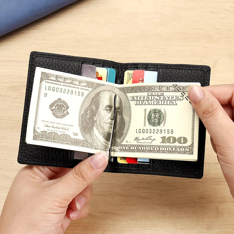 Saashi Men's Genuine Leather Slim Money Clip Magnetic Closure Minimalist Bifold Wallet.