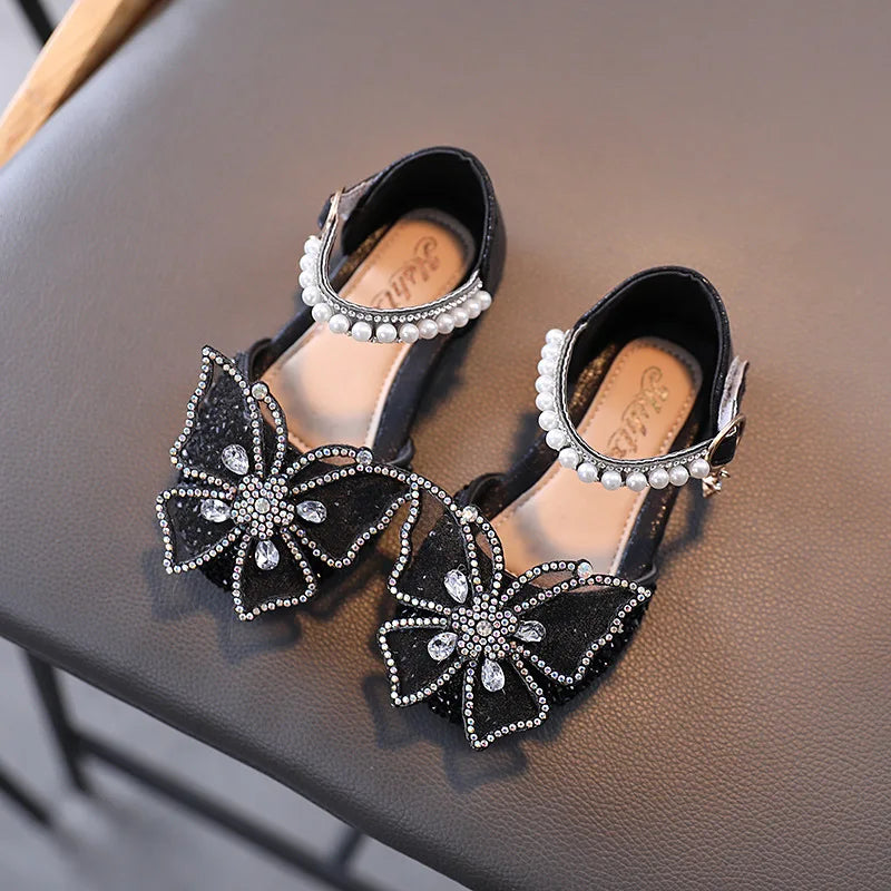 Saashi Girls Sequin Rhinestone Bow Sandals – Princess Flat Heel Shoes for Summer
