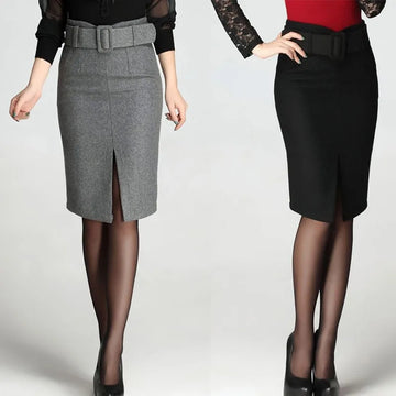 Saashi Women's Large Size High Waist Casual Mid-Length Wool Pencil Fashion Skirt.