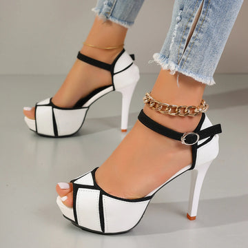 Saashi Women's Colorblock Platform Pumps with Peep Toe & Thin Stiletto Heels