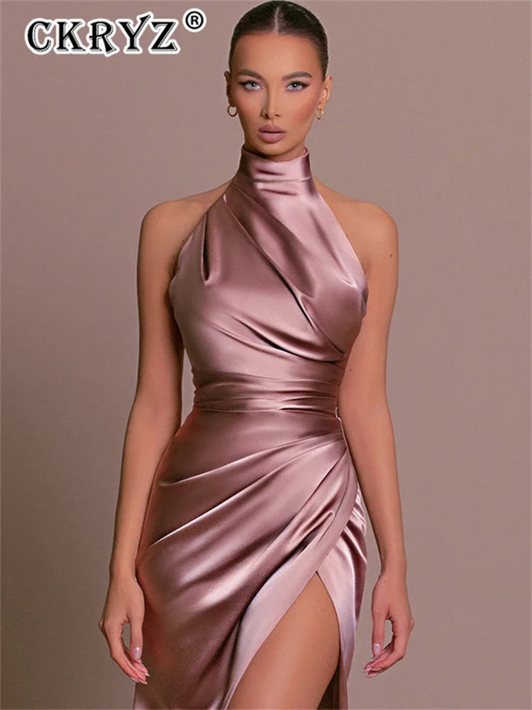 Saashi Women's Summer Satin Sleeveless Backless Halter Side Slit Elegant Long Dress.