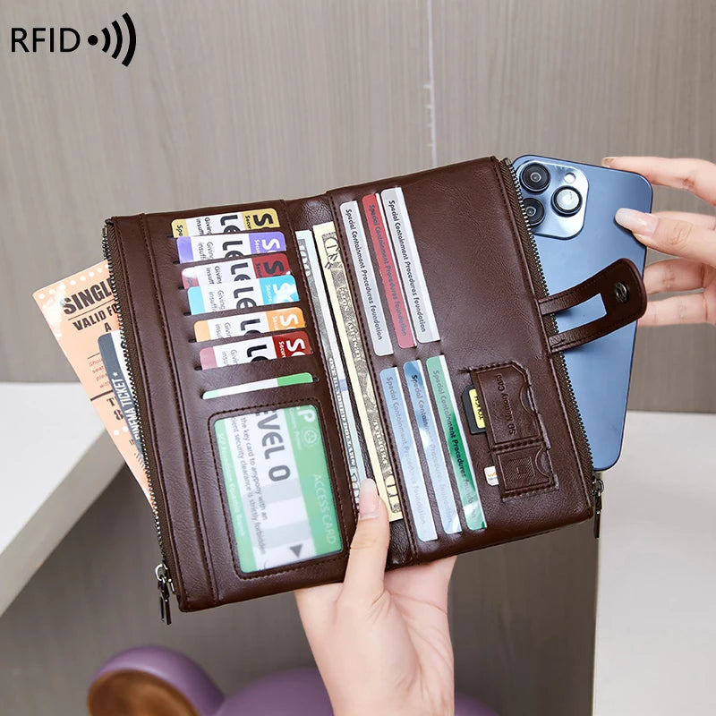 Saashi RFID Blocking Large Capacity Soft Leather Multi-functional Zipper Long Clutch Wallet.