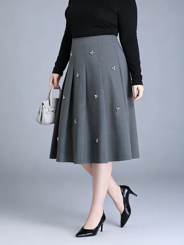 Saashi Women's Plus Size High Waist Button Pleated A-Line Elegant Midi Skirt