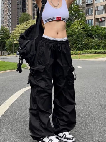 Saashi Women's Y2K Black Parachute Pants Hippie Streetwear Oversize Wide Leg Cargo Trousers