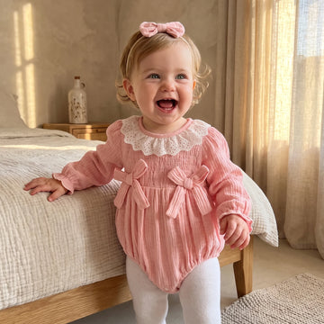 Saashi Infant Girl Outfit with Bow Headband and Puff Romper