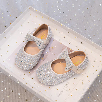 Saashi Girls Sequin Bow PU Leather Flats – Silver & White Anti-Slip Casual Shoes