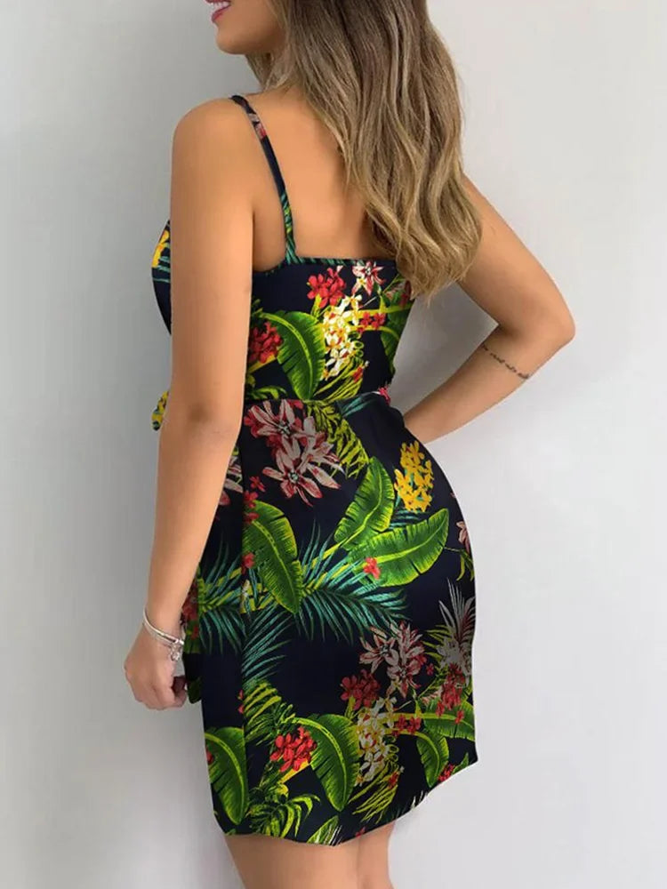 Saashi Tropical Print V-Neck Wrap Casual Sleeveless Mini Dress for Women, Holiday Style