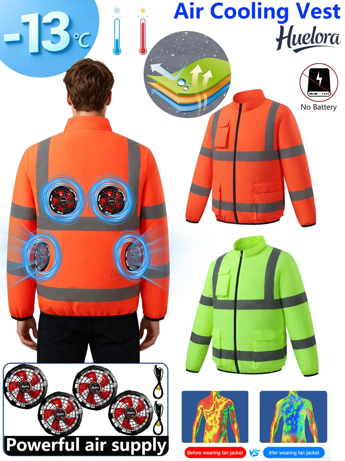 Saashi Labor Day Summer Cooling Safety Jacket – 4-Fan USB-Powered Vest with High-Speed Cooling for Traffic, Construction & Warehouse Work