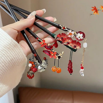 Saashi Retro Flower Wooden Hair Stick Tassel Red Hanfu Hairpin Fork Accessories.