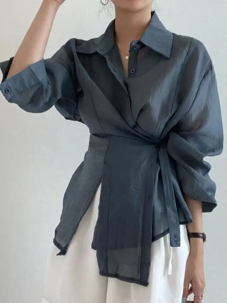 Saashi Women's Elegant Office Lady Long Sleeve Casual Loose Sunscreen Autumn Vintage Blouse
