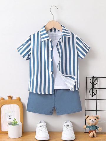 Saashi Boys Blue & White Striped Shirt Set – Soft Breathable Tops for Kids, 2-Piece Set