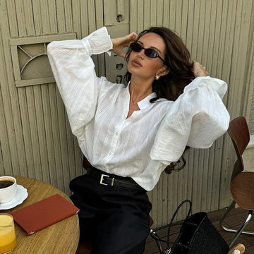 Saashi Women's Fashion White Long Sleeve Oversize Blouse Spring Summer Cotton Shirt.