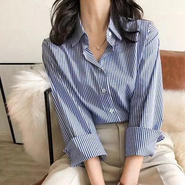 Saashi Women's Classic Striped Spring Autumn Long Lantern Sleeve Stand Collar Blouse.