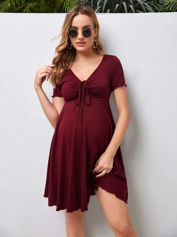 Saashi Maternity Drawstring Dress - Summer Casual Short Sleeve V-Neck
