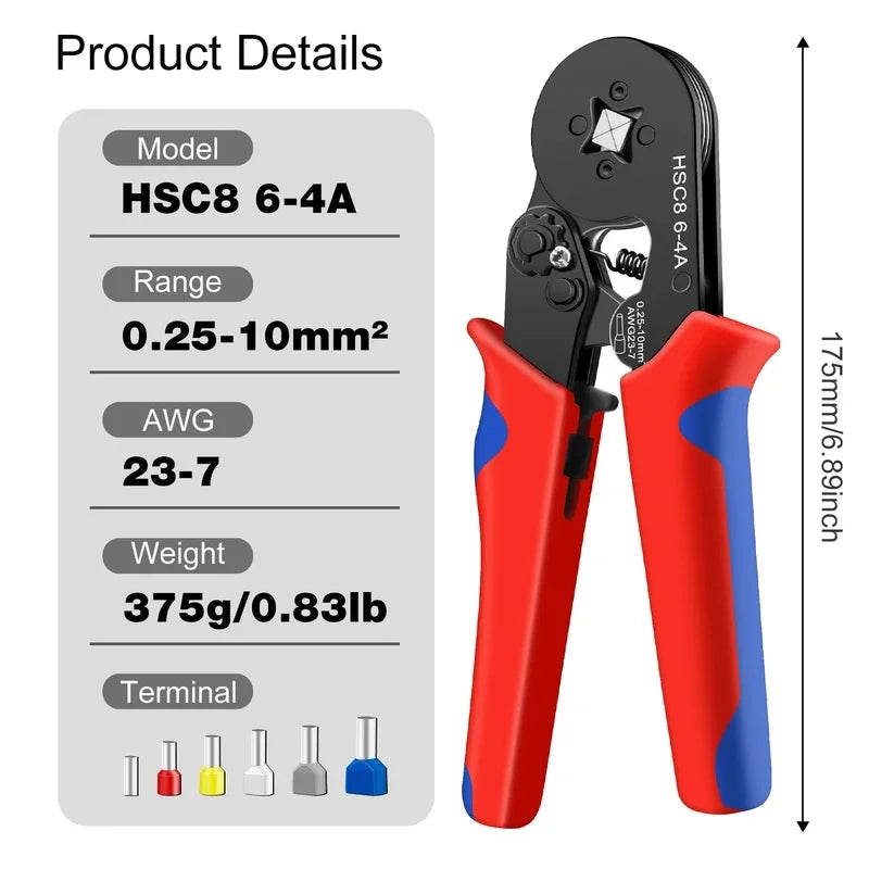 Saashi Labor Day HSC8 6-4A Ferrule Crimping Tool – 0.25–10mm² Square Crimp Pliers for Electrical Wire & Cable Work
