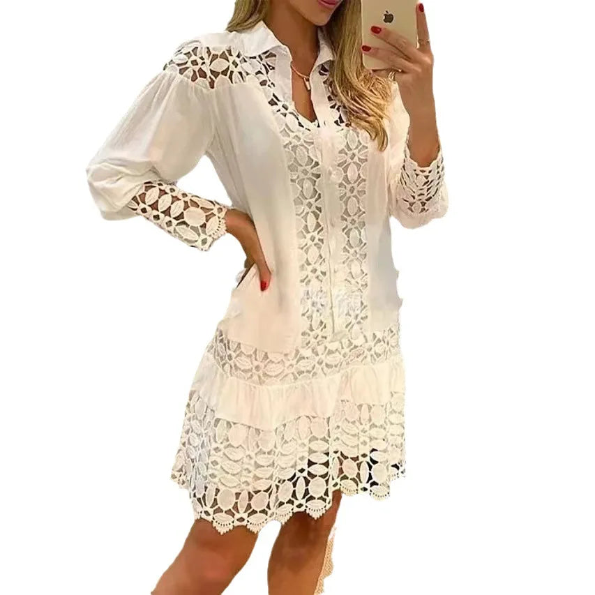 Saashi Lace Splicing Solid Color 2-Piece Cutout Shirt Dress, Elegant Partywear