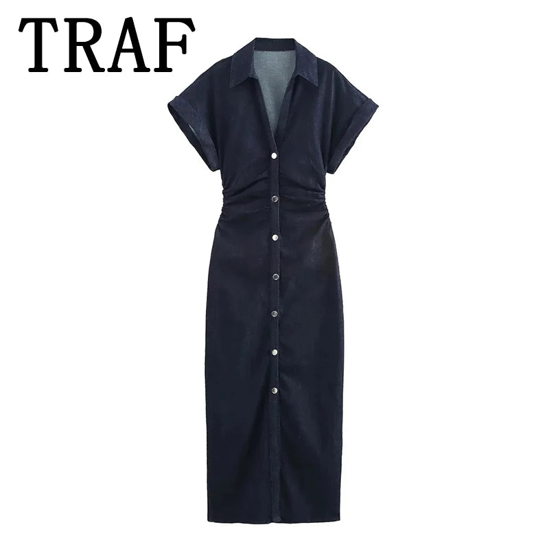 Saashi Ruched Denim Midi Dress for Women Casual Short Sleeve Streetwear Long Outfit