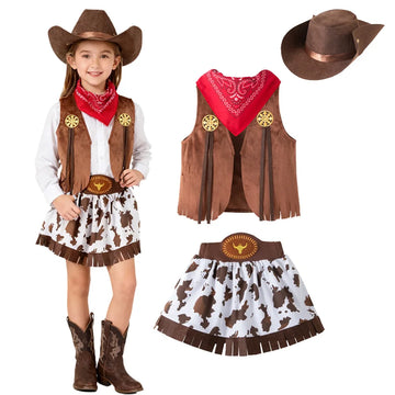 Saashi Girls Western Cowboy Vest, Skirt & Hat Costume Set