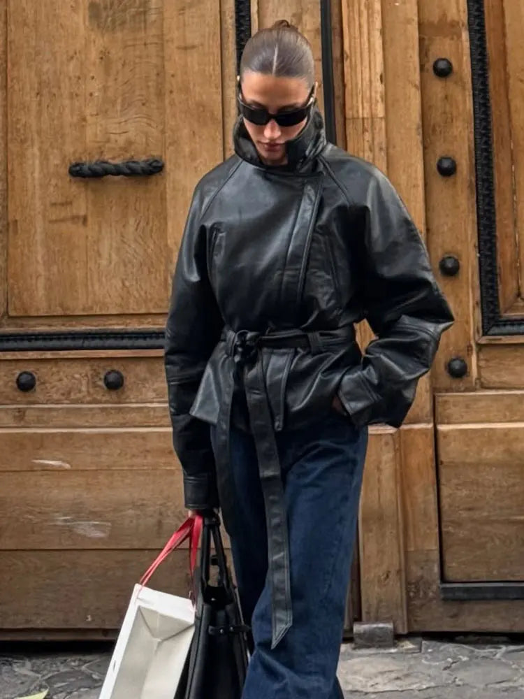 Saashi Faux Leather Belted Jacket