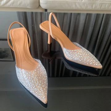 Saashi 2024 Fashion Summer Women High Heels Pearl Decoration Slingback Pointed Toe Elegant Sandals
