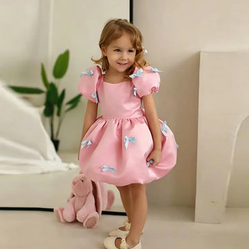 Saashi Girls Satin Puff Sleeve A-Line Flower Girl Dress with Bow