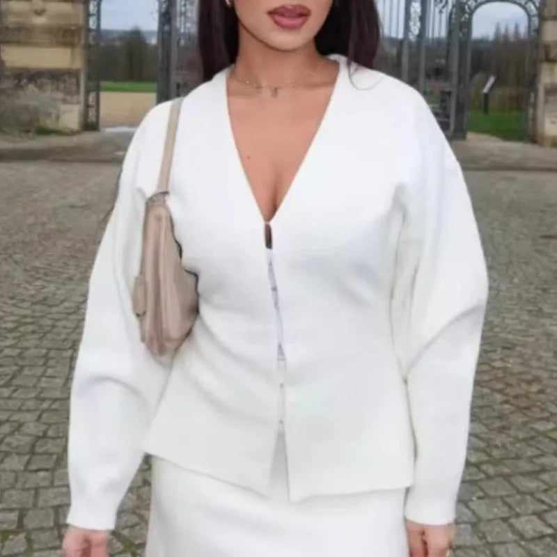 Saashi Sexy Knitted V-Neck Cardigan and Mini Pencil Skirt Two-Piece Set for Women