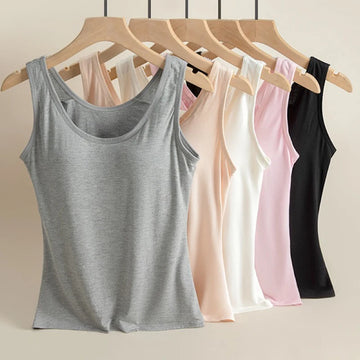 Saashi Womens Round Neck Padded Slim Fit Tank Top Solid Color Vest with Built In Bra