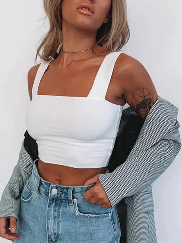 Saashi Square Neck Sleeveless Crop Top Casual Basic Backless Cami Tank for Women Black White